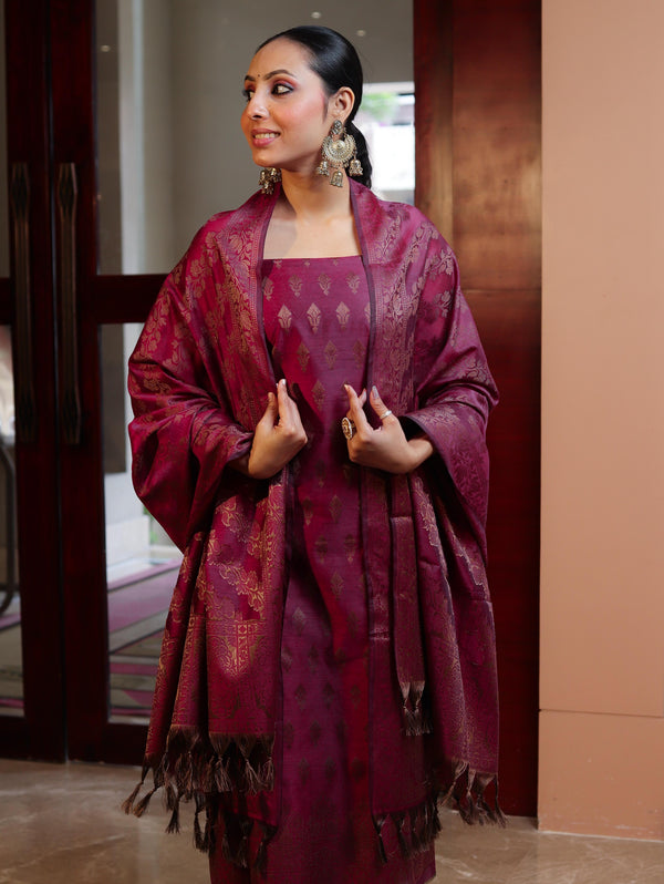 Banarasee Cotton Silk Resham Work Salwar Kameez Fabric With Dupatta Set-Magenta
