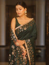 Banarasee Handwoven Semi Silk Plain Saree With Zari Border & Lace-Green