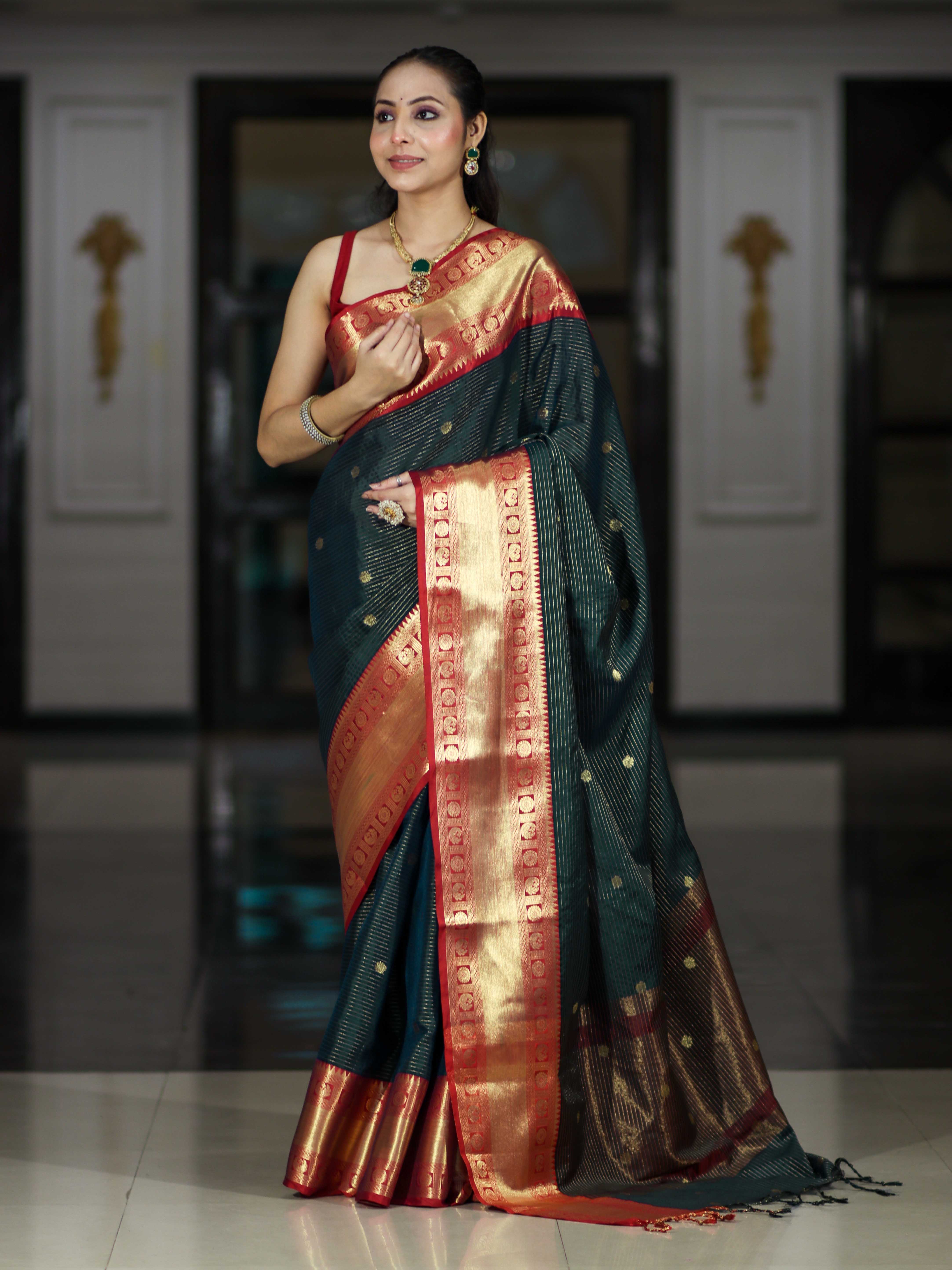 Banarasee Handloom Semi Silk Saree With Buti Design Stripe Pattern & Contrast Border-Green & Red