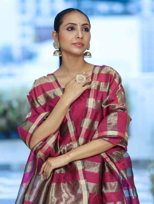 Banarasee Cotton Silk Stripe Pattern Salwar Kameez Fabric With Dupatta Set-Magenta