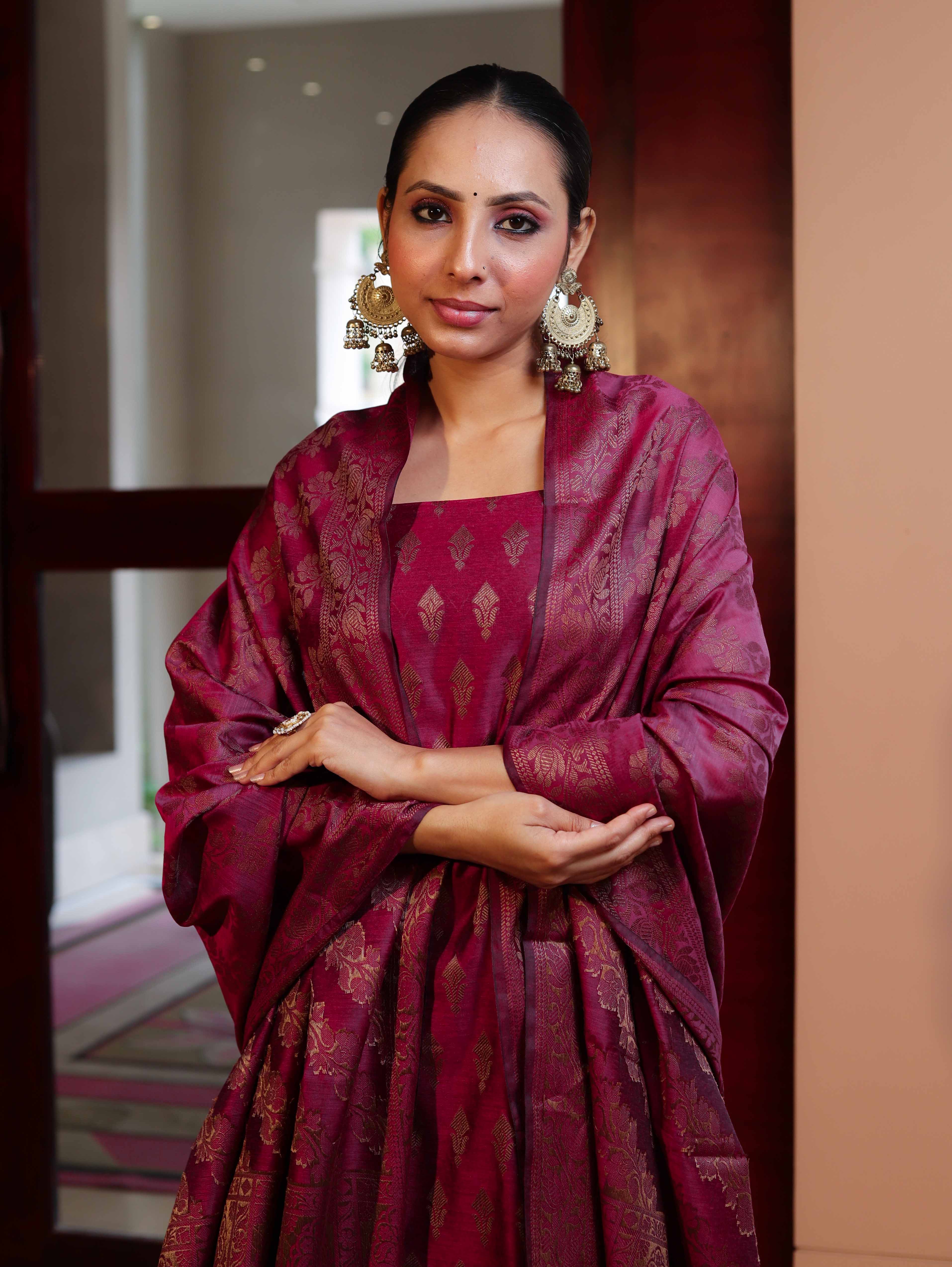 Banarasee Cotton Silk Resham Work Salwar Kameez Fabric With Dupatta Set-Magenta