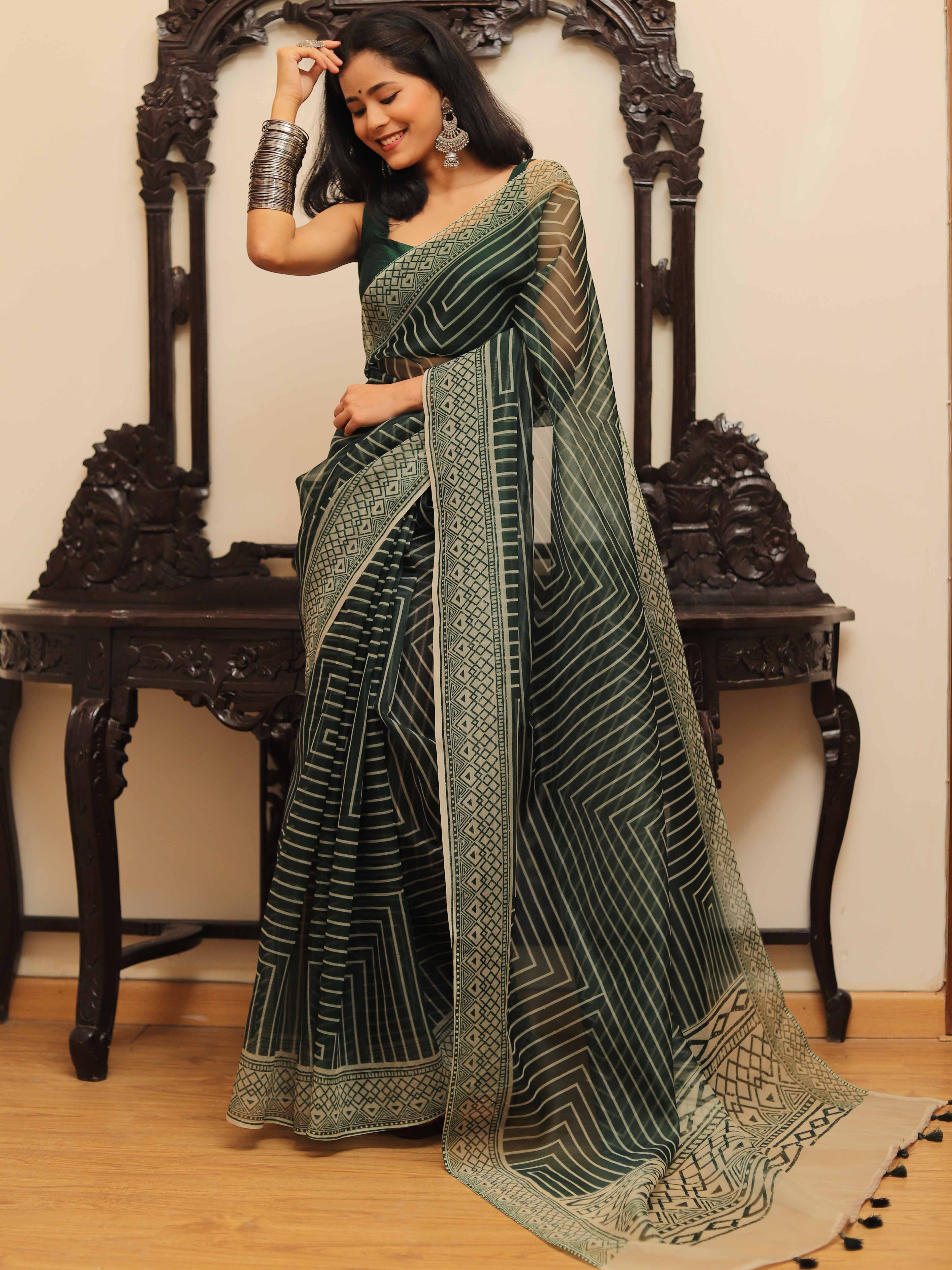 Banarasee Mix Organza printed Saree-Green