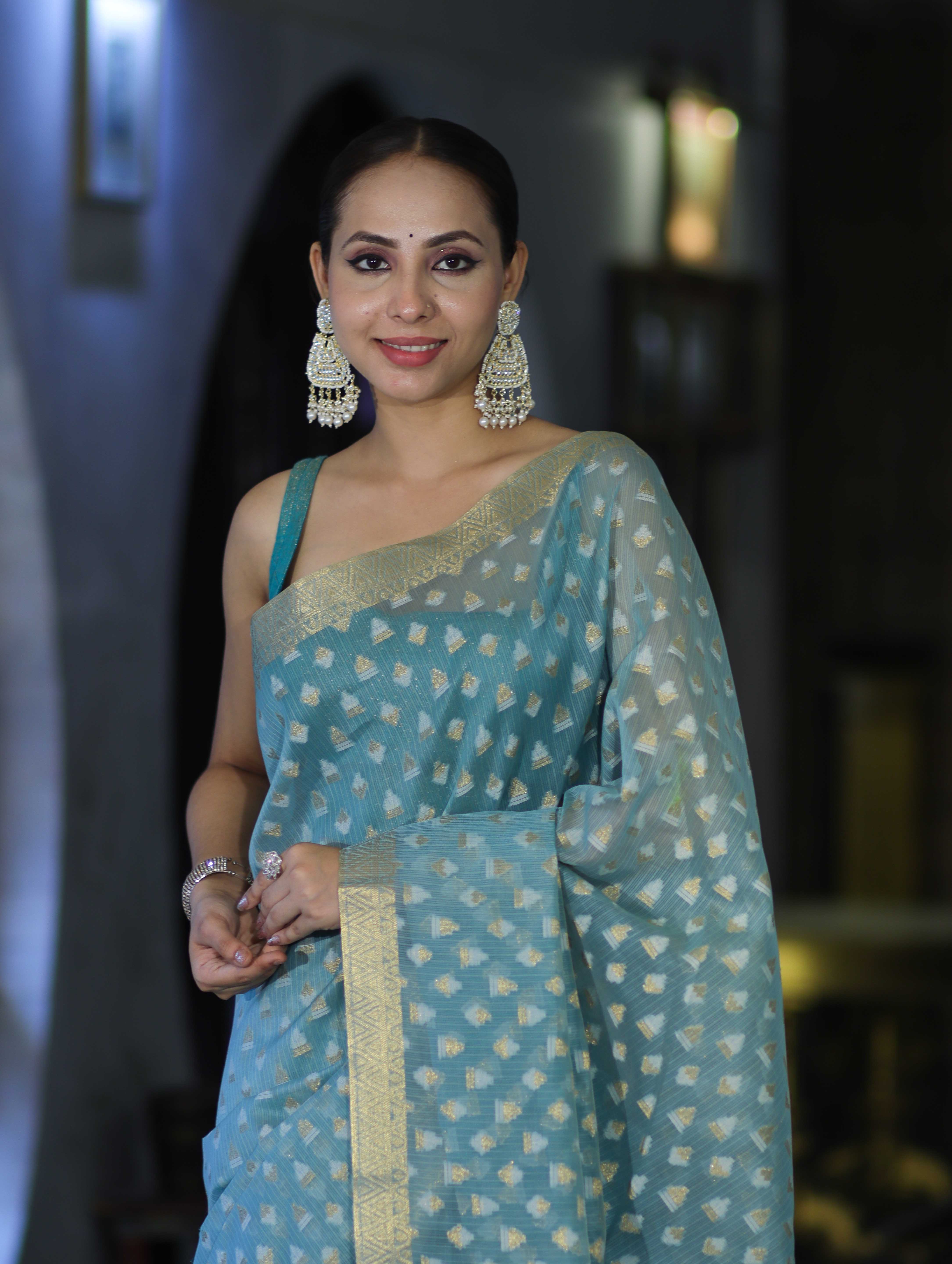 Banarasee Handloom Cotton Silk Saree With Zari & Resham Work-Light Blue