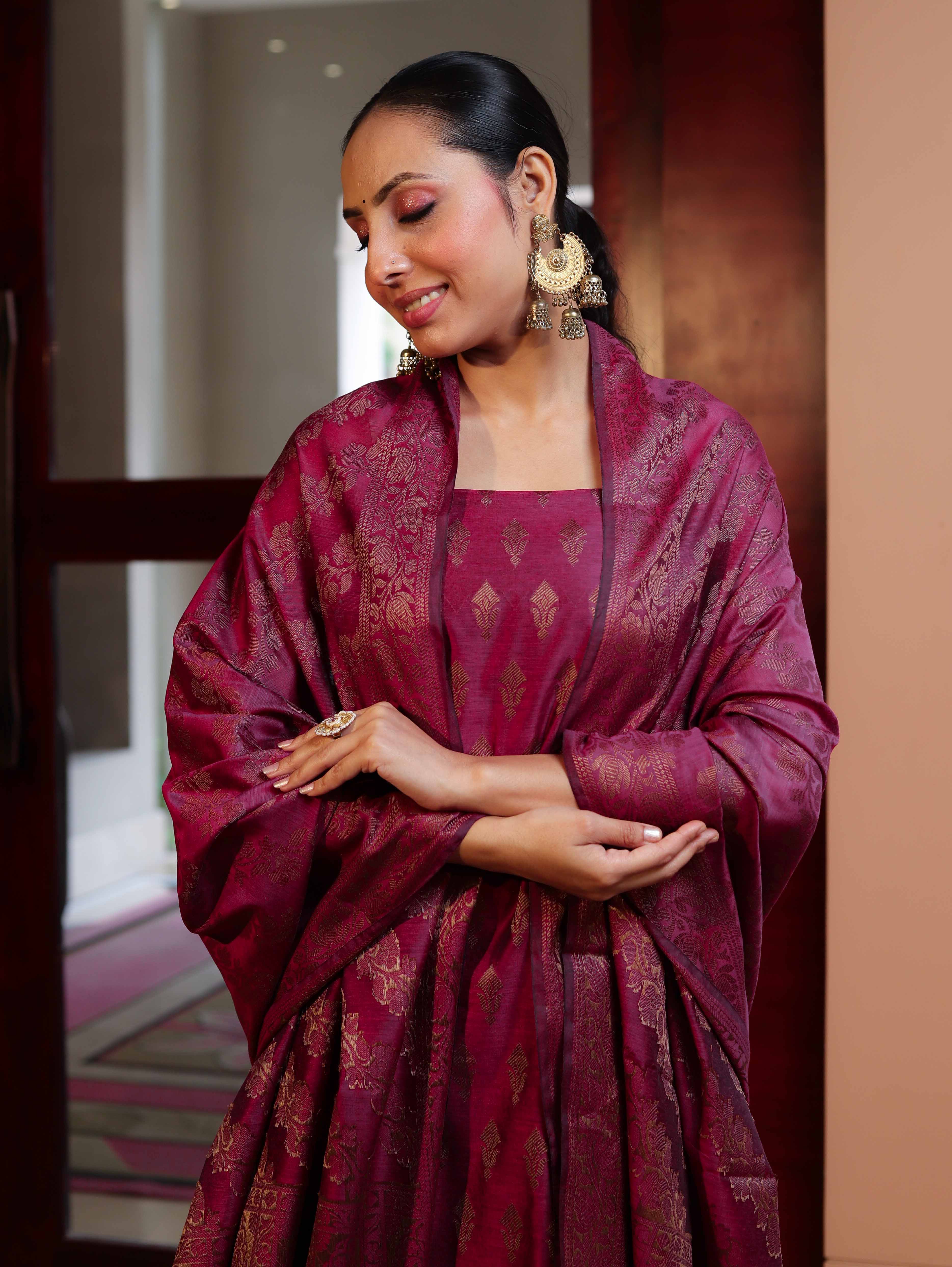 Banarasee Cotton Silk Resham Work Salwar Kameez Fabric With Dupatta Set-Magenta