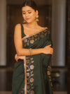 Banarasee Handwoven Semi Silk Plain Saree With Zari Border & Lace-Green