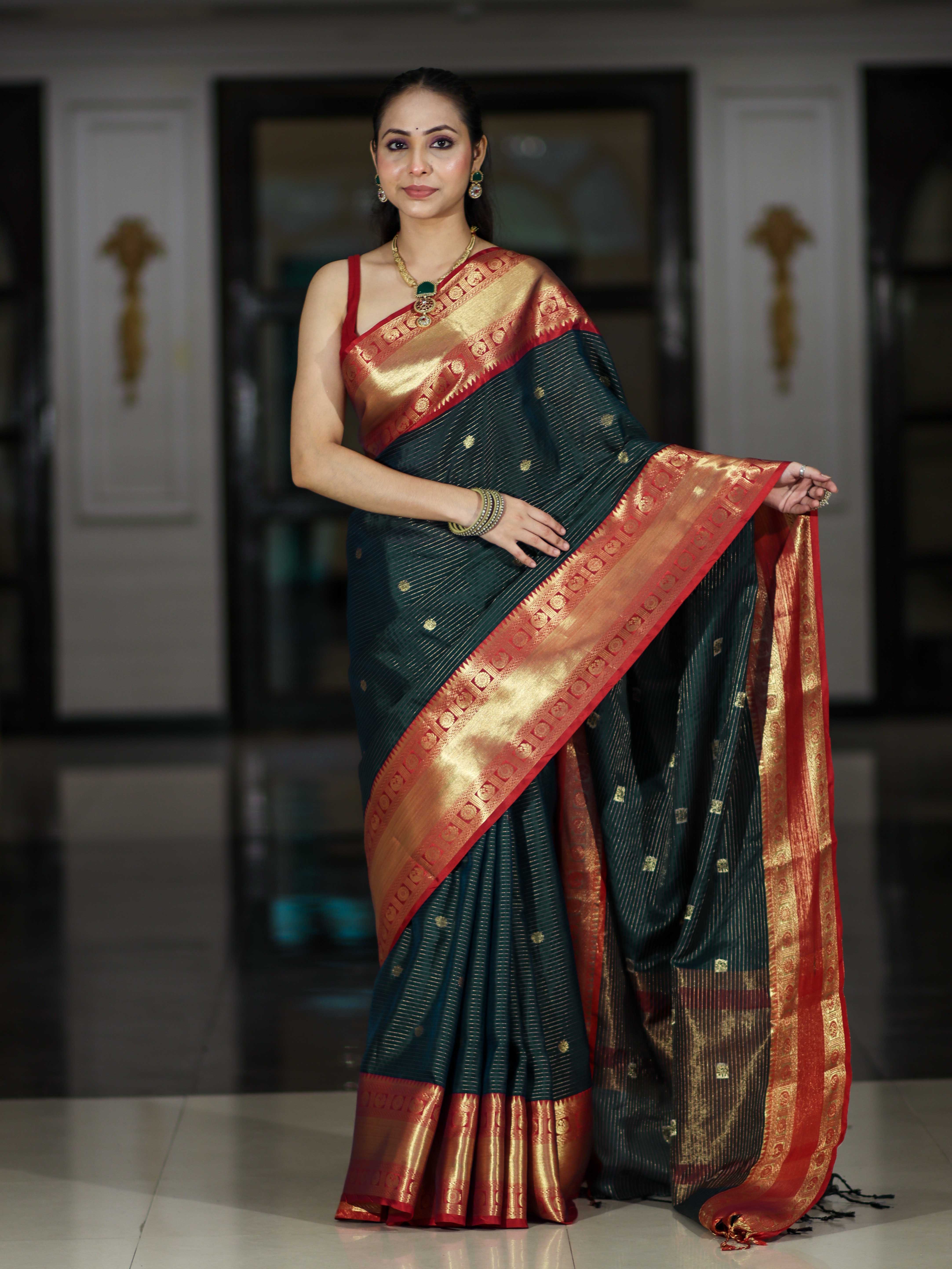 Banarasee Handloom Semi Silk Saree With Buti Design Stripe Pattern & Contrast Border-Green & Red