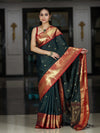 Banarasee Handloom Semi Silk Saree With Buti Design Stripe Pattern & Contrast Border-Green & Red