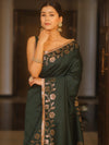 Banarasee Handwoven Semi Silk Plain Saree With Zari Border & Lace-Green