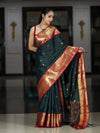 Banarasee Handloom Semi Silk Saree With Buti Design Stripe Pattern & Contrast Border-Green & Red