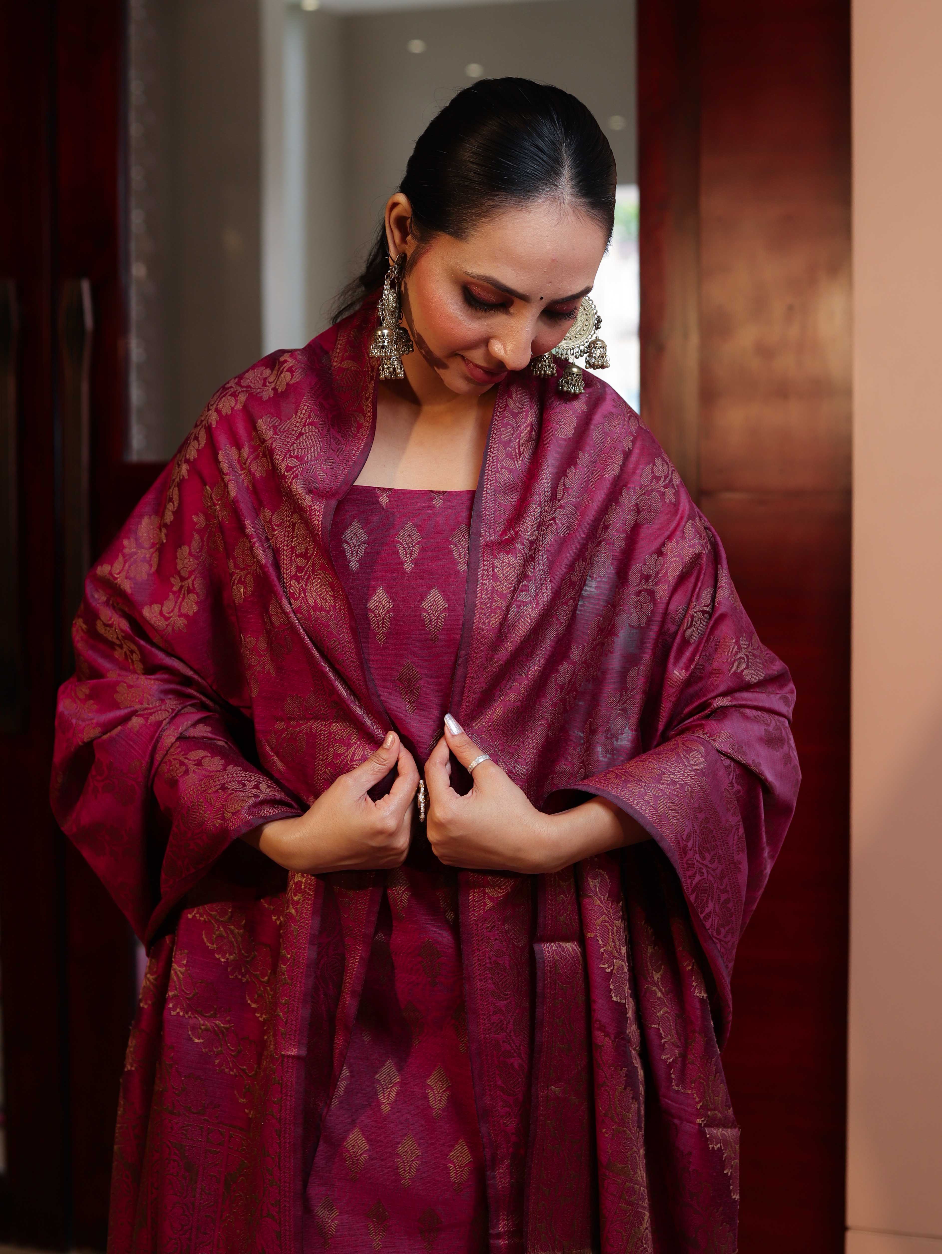 Banarasee Cotton Silk Resham Work Salwar Kameez Fabric With Dupatta Set-Magenta