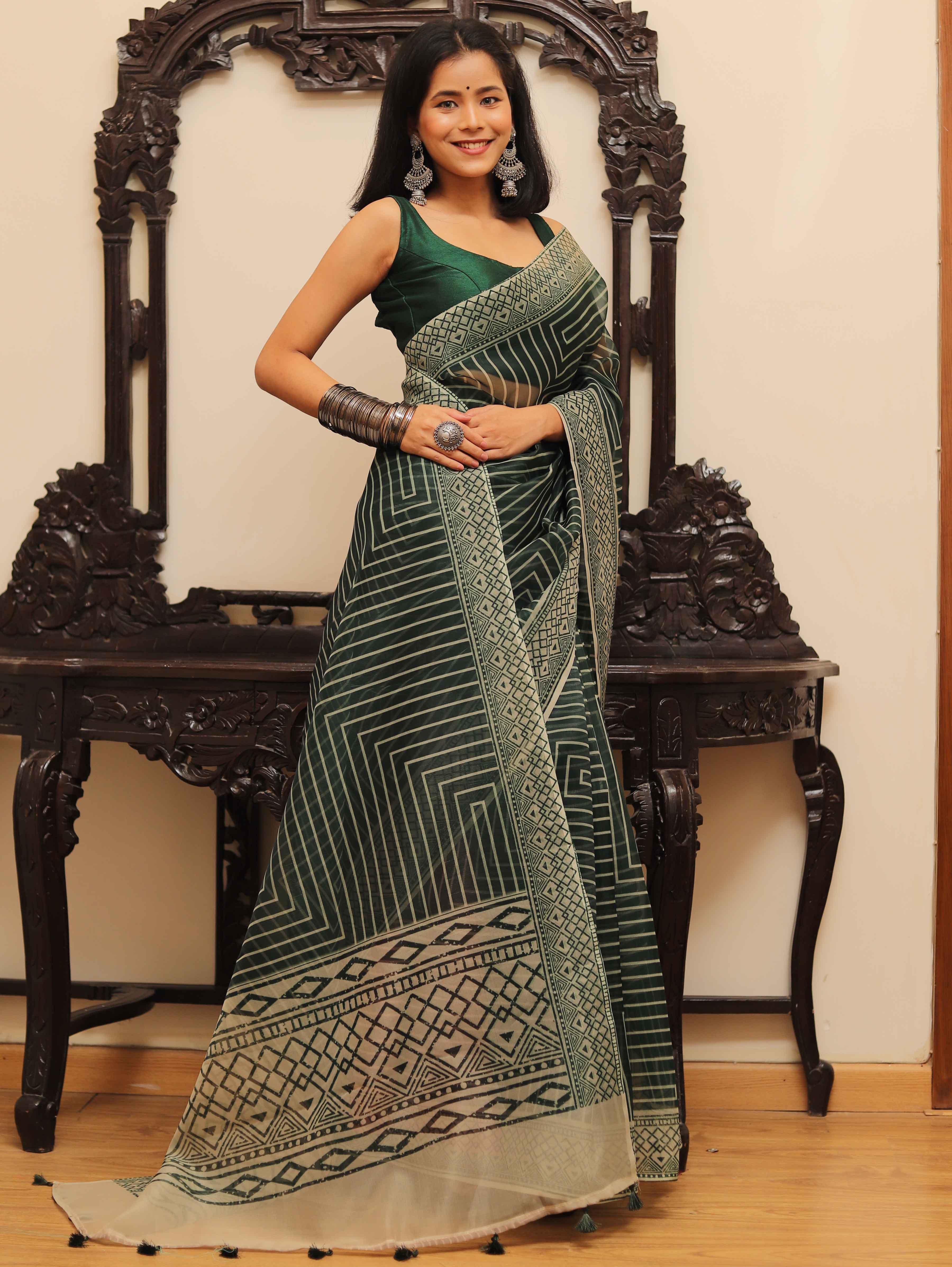 Banarasee Mix Organza printed Saree-Green