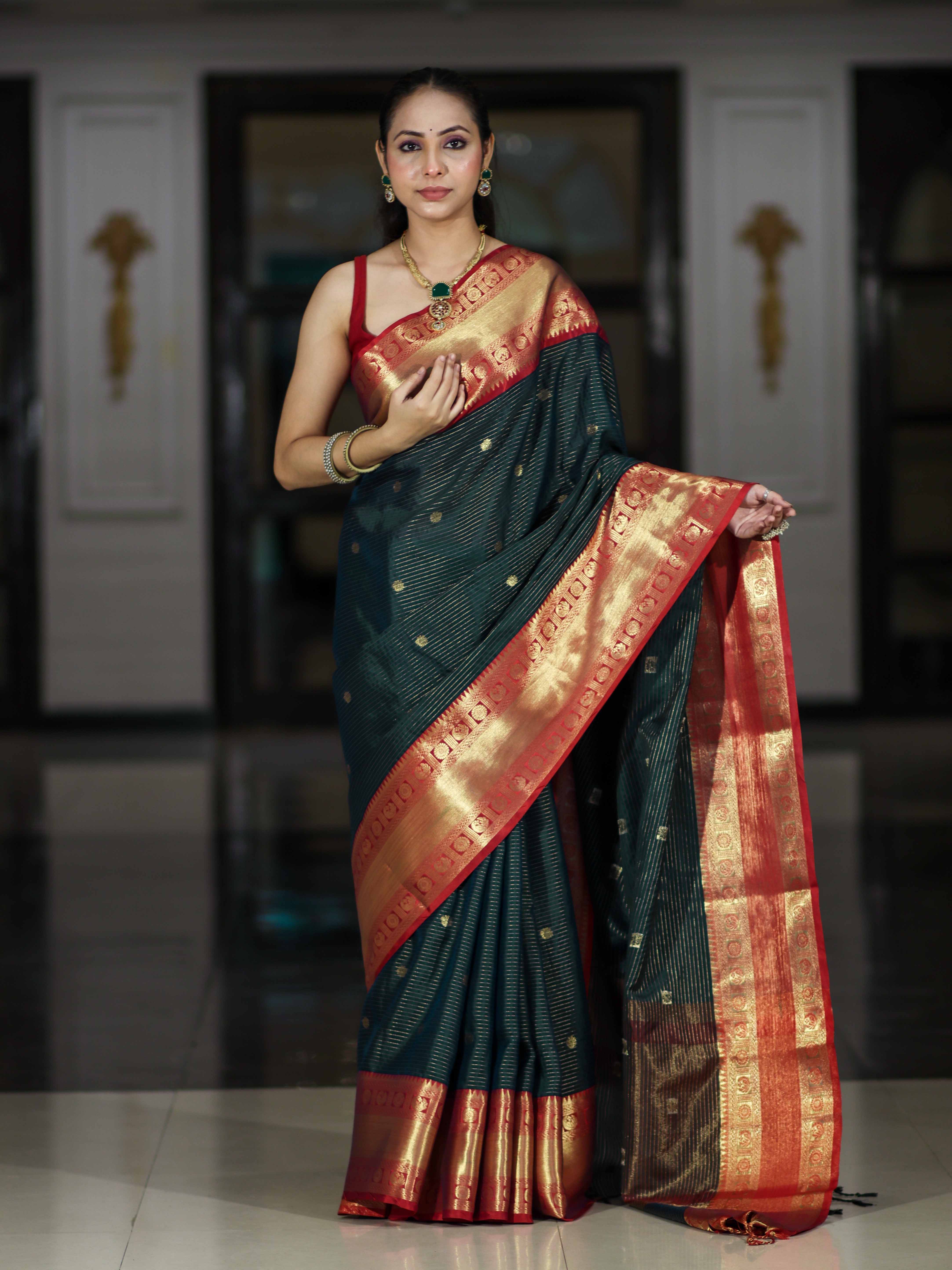 Banarasee Handloom Semi Silk Saree With Buti Design Stripe Pattern & Contrast Border-Green & Red