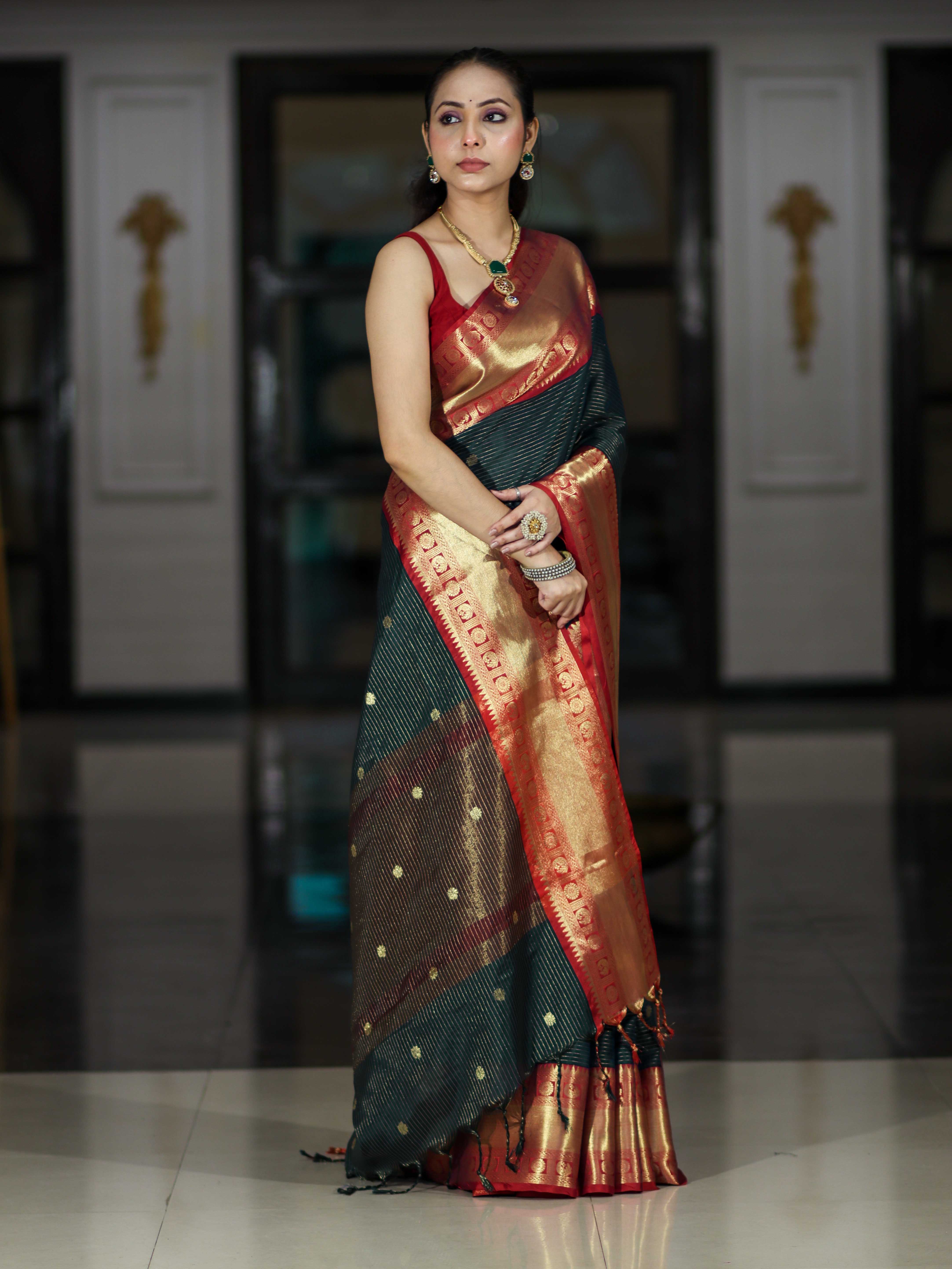 Banarasee Handloom Semi Silk Saree With Buti Design Stripe Pattern & Contrast Border-Green & Red