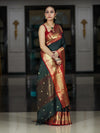 Banarasee Handloom Semi Silk Saree With Buti Design Stripe Pattern & Contrast Border-Green & Red