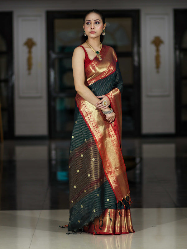 Banarasee Handloom Semi Silk Saree With Buti Design Stripe Pattern & Contrast Border-Green & Red