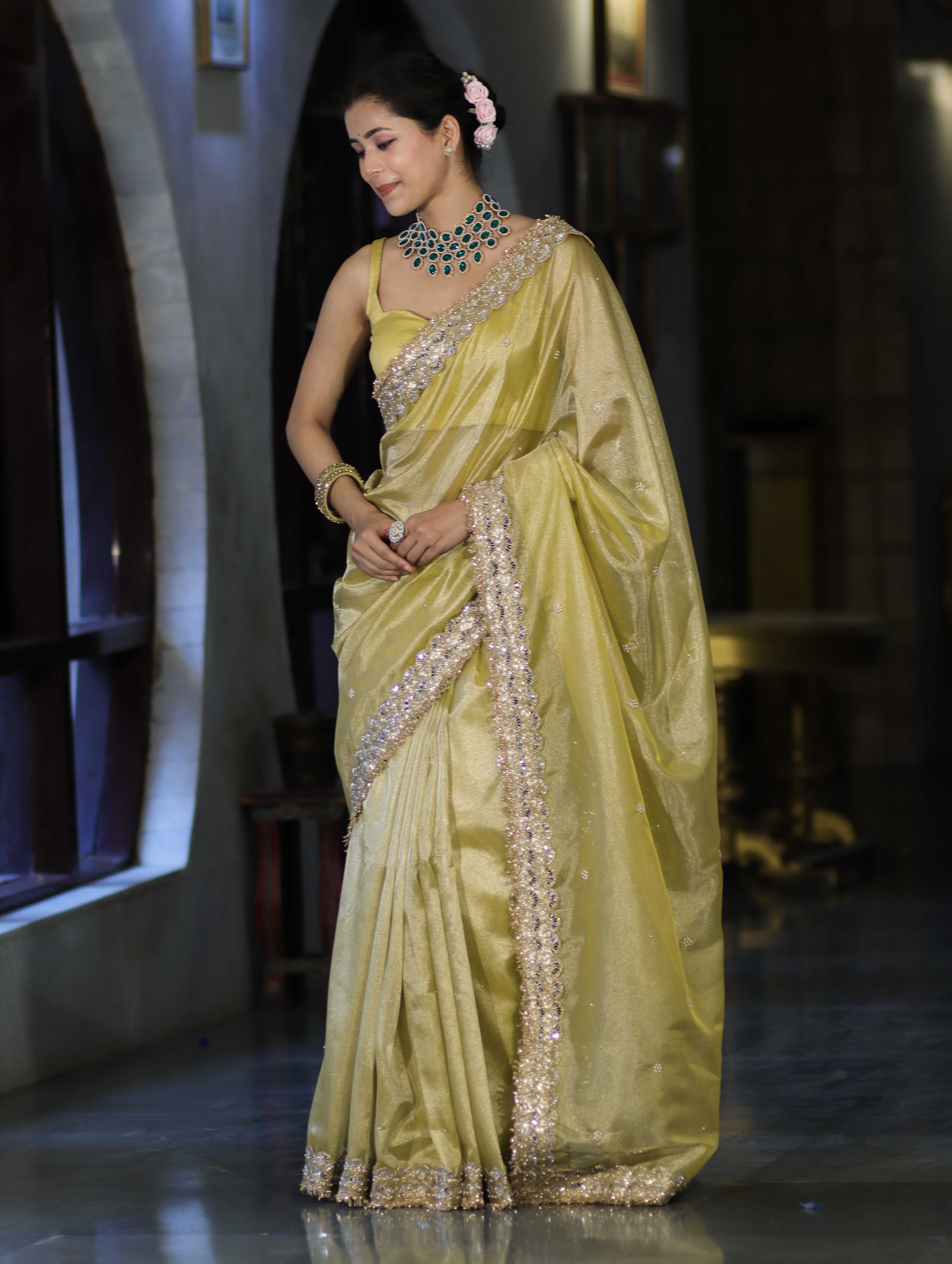 Banarasee Tissue Saree With Handwork Motifs & Mirror Work Lace-Light Yellow