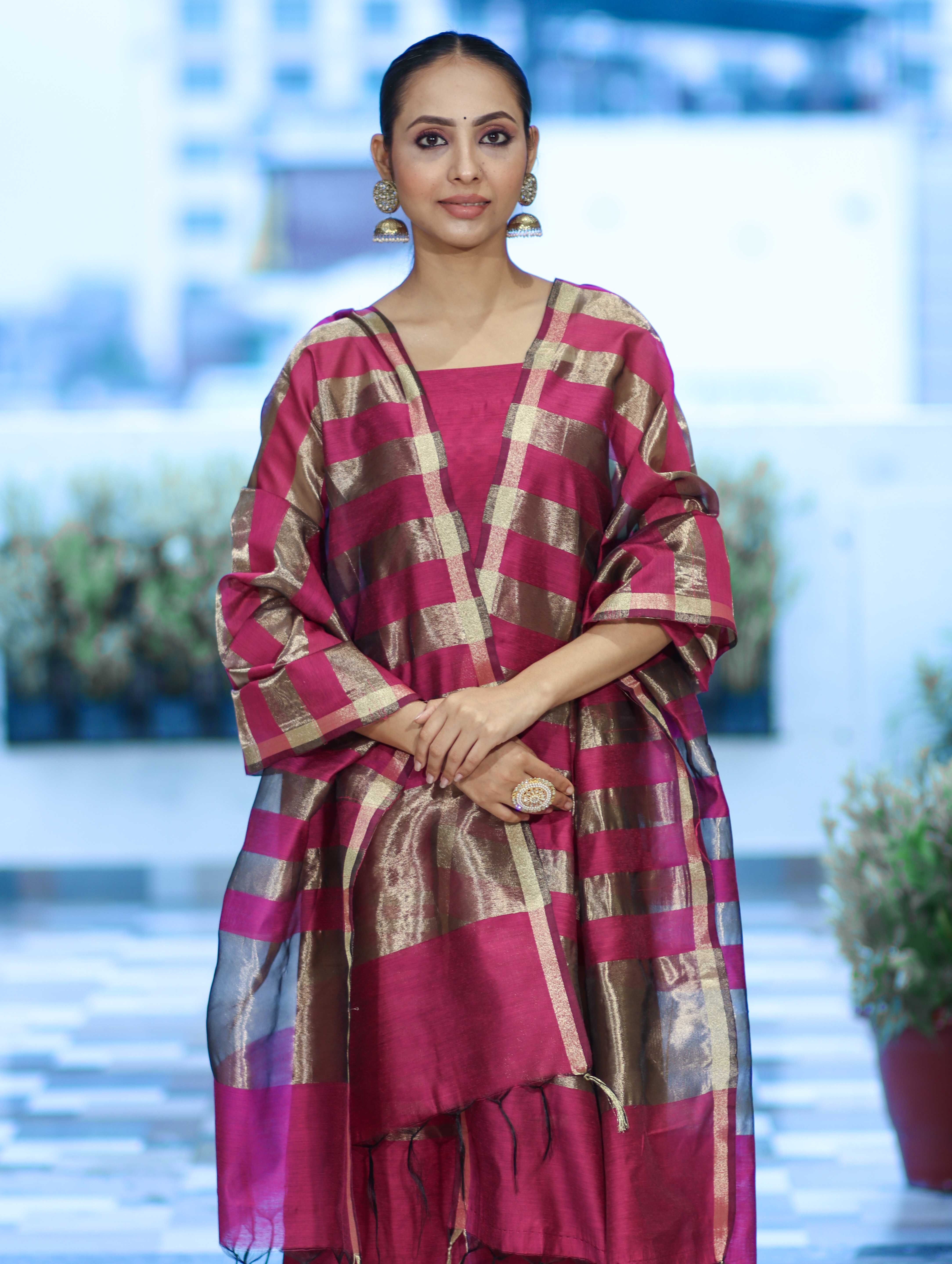 Banarasee Cotton Silk Stripe Pattern Salwar Kameez Fabric With Dupatta Set-Magenta