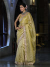 Banarasee Tissue Saree With Handwork Motifs & Mirror Work Lace-Light Yellow