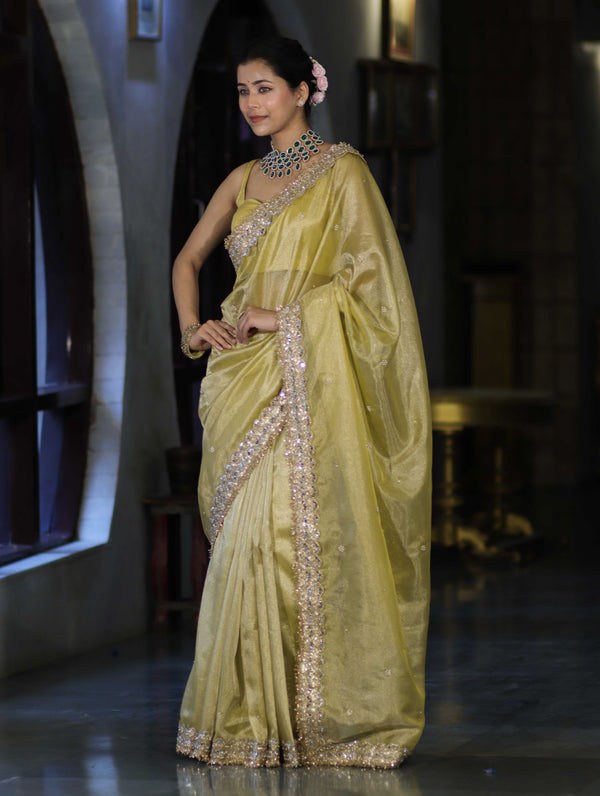 Banarasee Tissue Saree With Handwork Motifs & Mirror Work Lace-Light Yellow