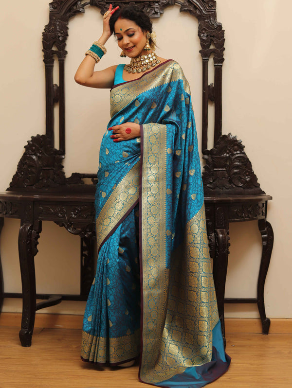 Banarasee Handwoven Semi-Katan Tanchoi Weaving Floral Border Saree-Blue