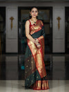 Banarasee Handloom Semi Silk Saree With Buti Design Stripe Pattern & Contrast Border-Green & Red