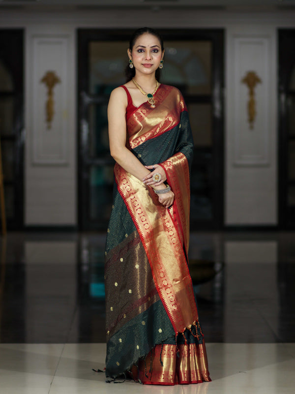 Banarasee Handloom Semi Silk Saree With Buti Design Stripe Pattern & Contrast Border-Green & Red