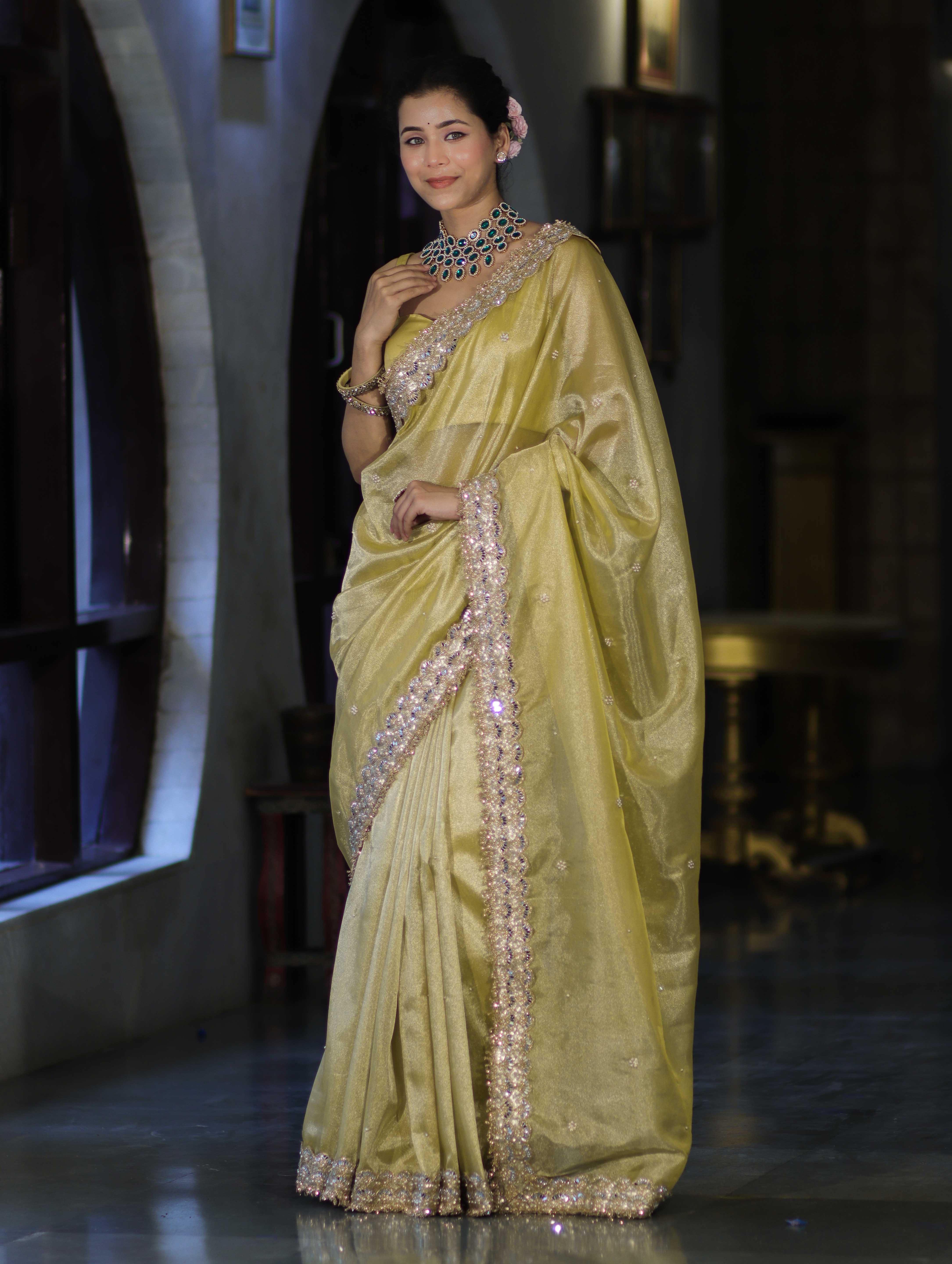 Banarasee Tissue Saree With Handwork Motifs & Mirror Work Lace-Light Yellow