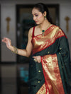 Banarasee Handloom Semi Silk Saree With Buti Design Stripe Pattern & Contrast Border-Green & Red