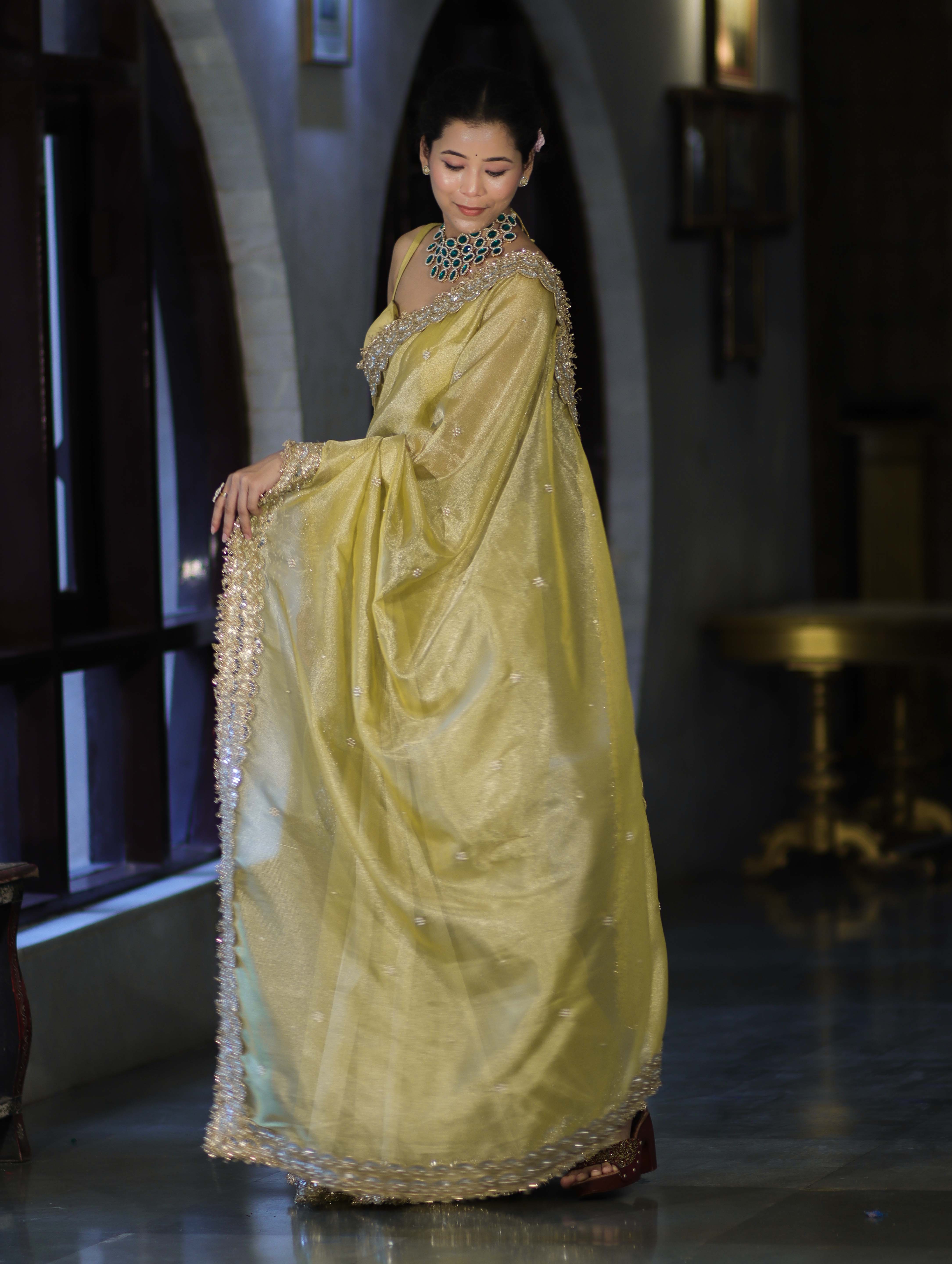 Banarasee Tissue Saree With Handwork Motifs & Mirror Work Lace-Light Yellow