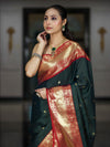Banarasee Handloom Semi Silk Saree With Buti Design Stripe Pattern & Contrast Border-Green & Red