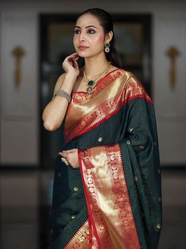 Banarasee Handloom Semi Silk Saree With Buti Design Stripe Pattern & Contrast Border-Green & Red