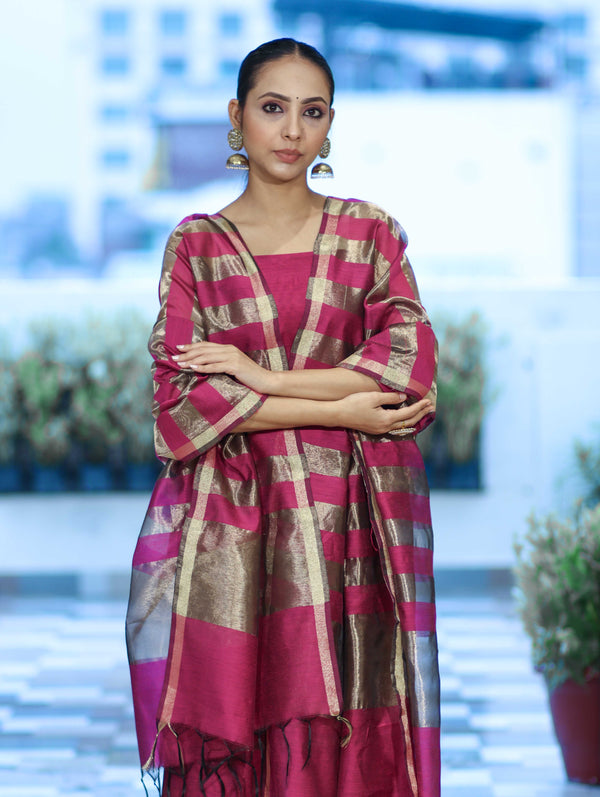 Banarasee Cotton Silk Stripe Pattern Salwar Kameez Fabric With Dupatta Set-Magenta