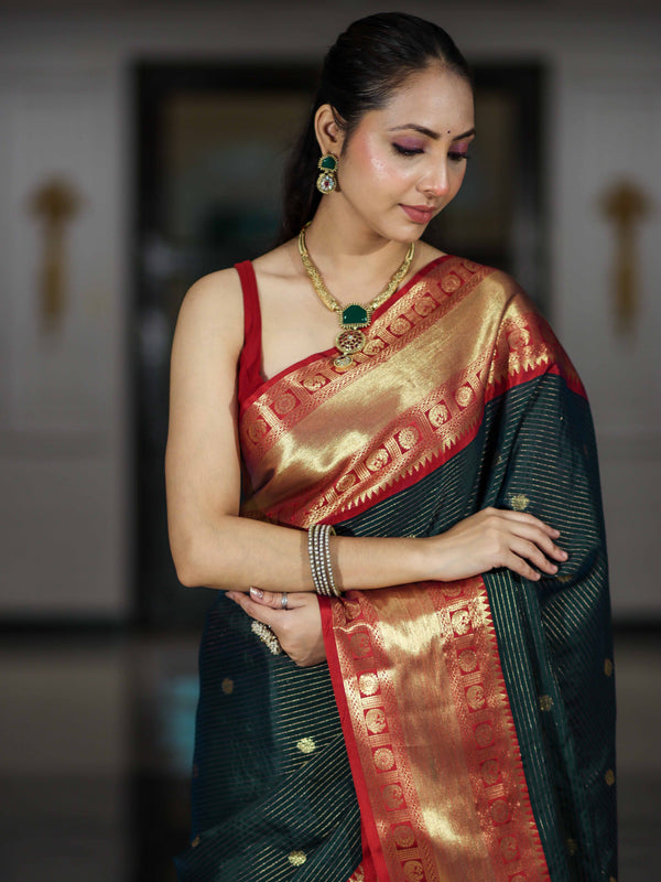 Banarasee Handloom Semi Silk Saree With Buti Design Stripe Pattern & Contrast Border-Green & Red