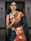 Banarasee Handloom Semi Silk Saree With Buti Design Stripe Pattern & Contrast Border-Green & Red
