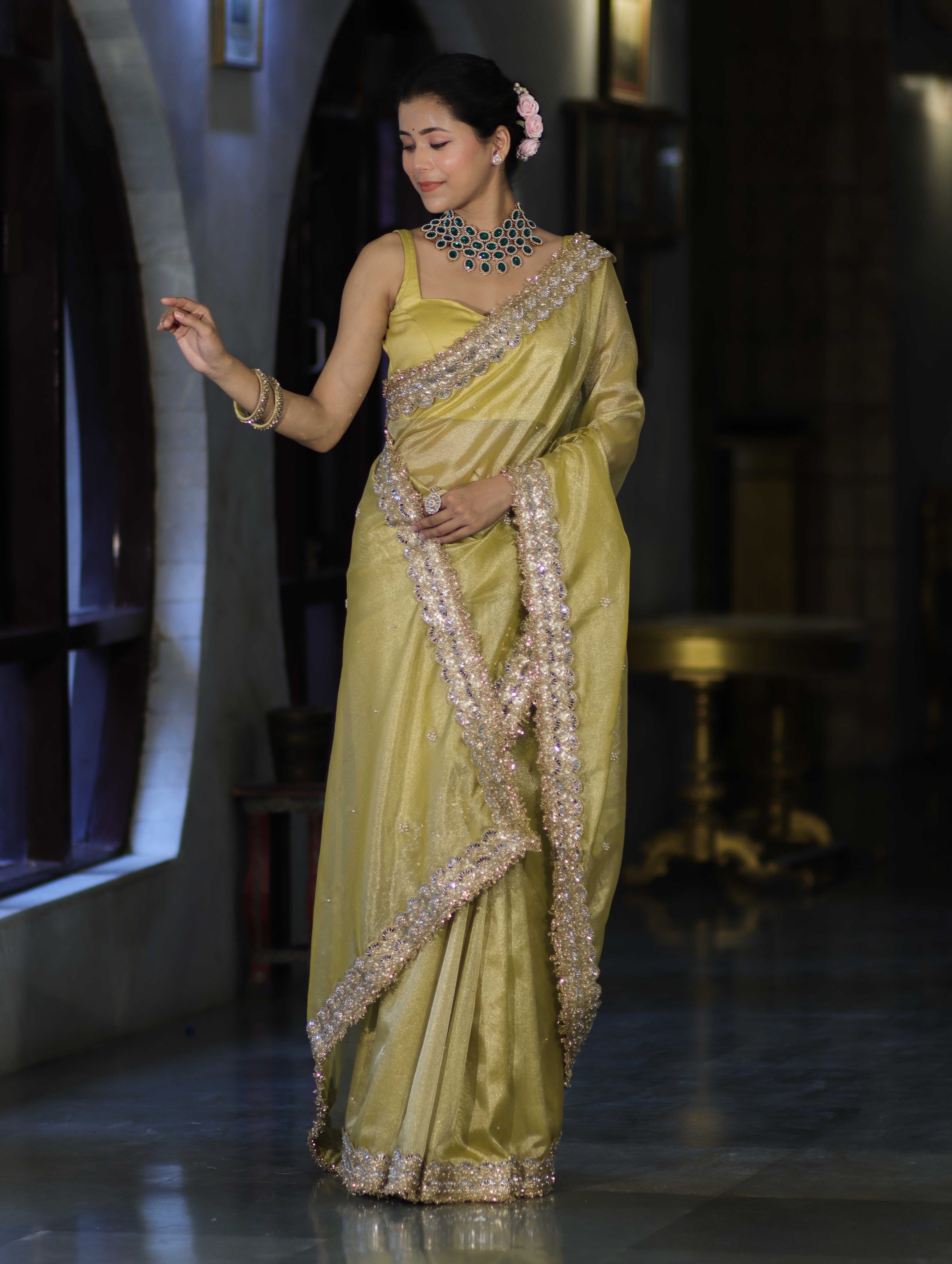 Banarasee Tissue Saree With Handwork Motifs & Mirror Work Lace-Light Yellow