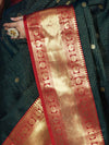 Banarasee Handloom Semi Silk Saree With Buti Design Stripe Pattern & Contrast Border-Green & Red