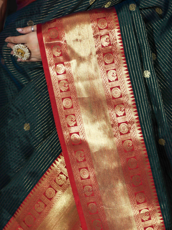 Banarasee Handloom Semi Silk Saree With Buti Design Stripe Pattern & Contrast Border-Green & Red