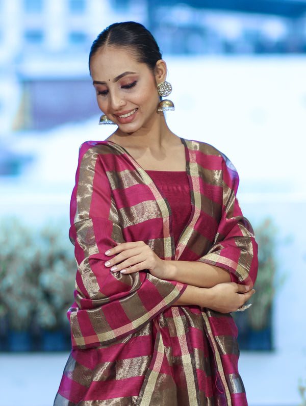 Banarasee Cotton Silk Stripe Pattern Salwar Kameez Fabric With Dupatta Set-Magenta