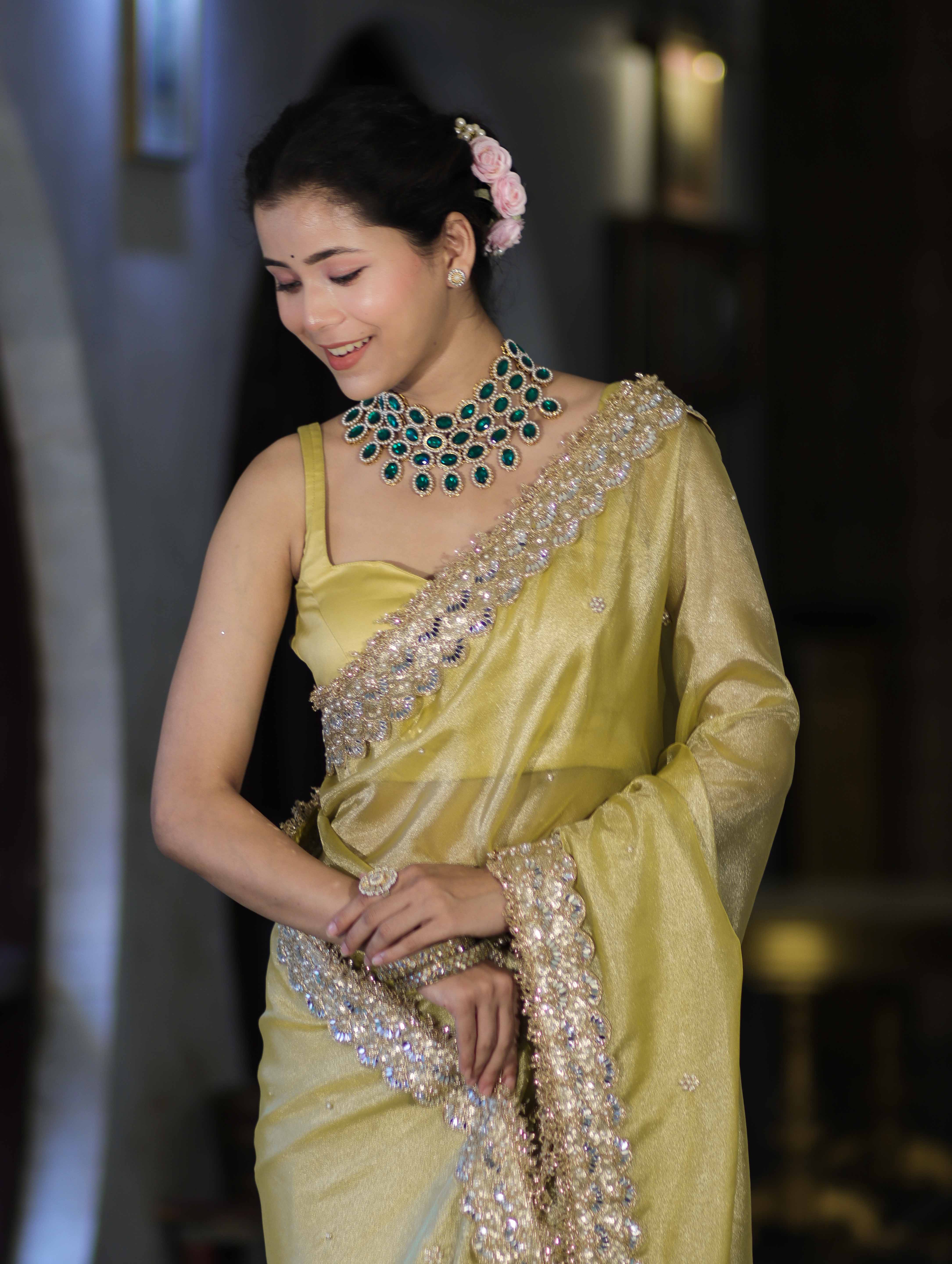 Banarasee Tissue Saree With Handwork Motifs & Mirror Work Lace-Light Yellow
