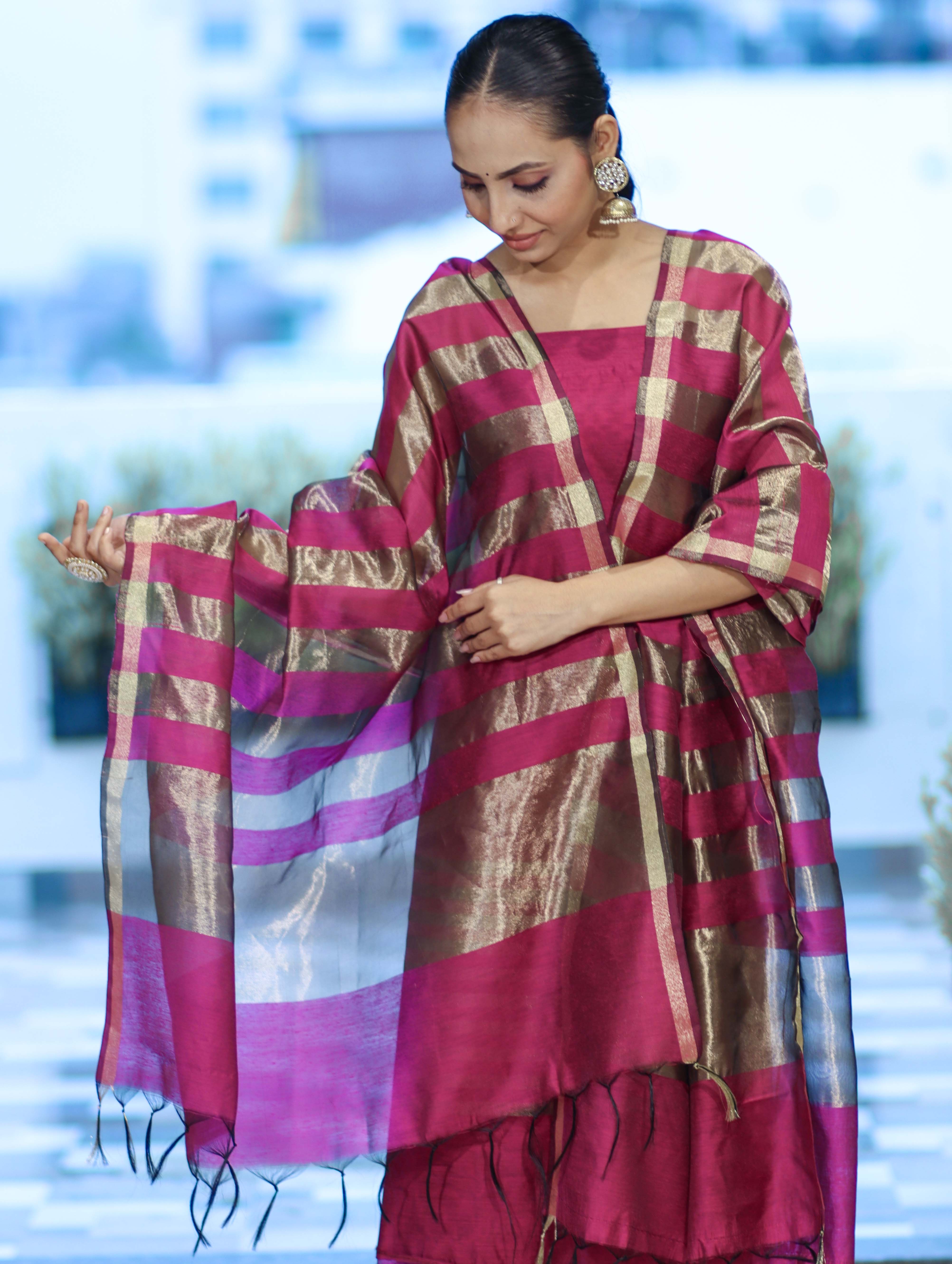 Banarasee Cotton Silk Stripe Pattern Salwar Kameez Fabric With Dupatta Set-Magenta