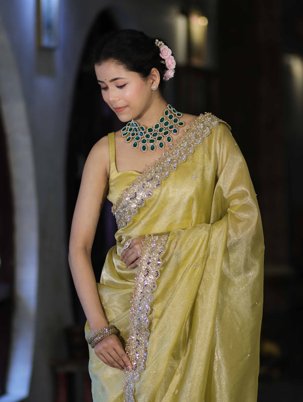 Banarasee Tissue Saree With Handwork Motifs & Mirror Work Lace-Light Yellow