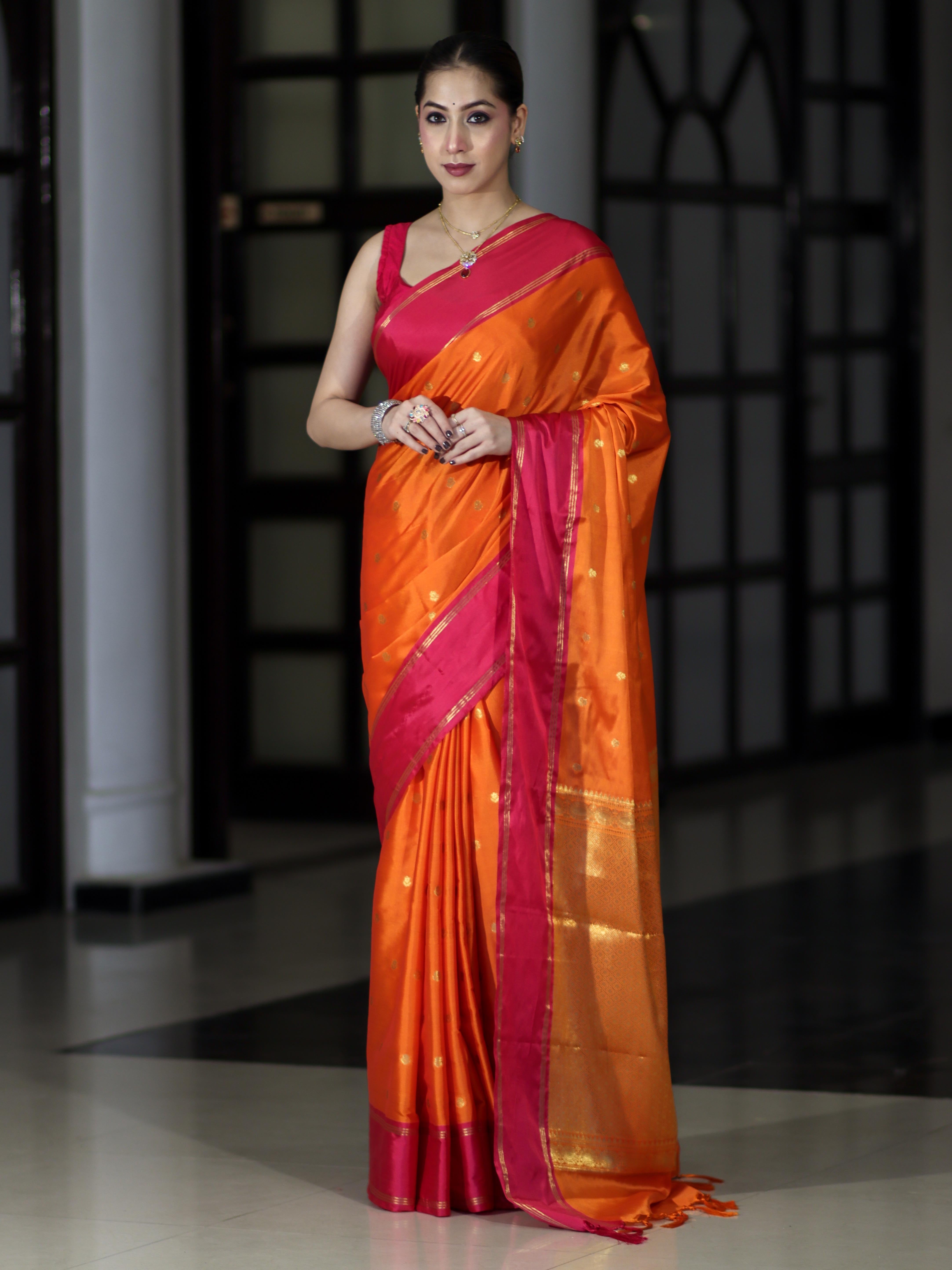 Banarasee Handloom Semi Silk Saree With Floral Buti Design & Contrast Border-Orange & Pink