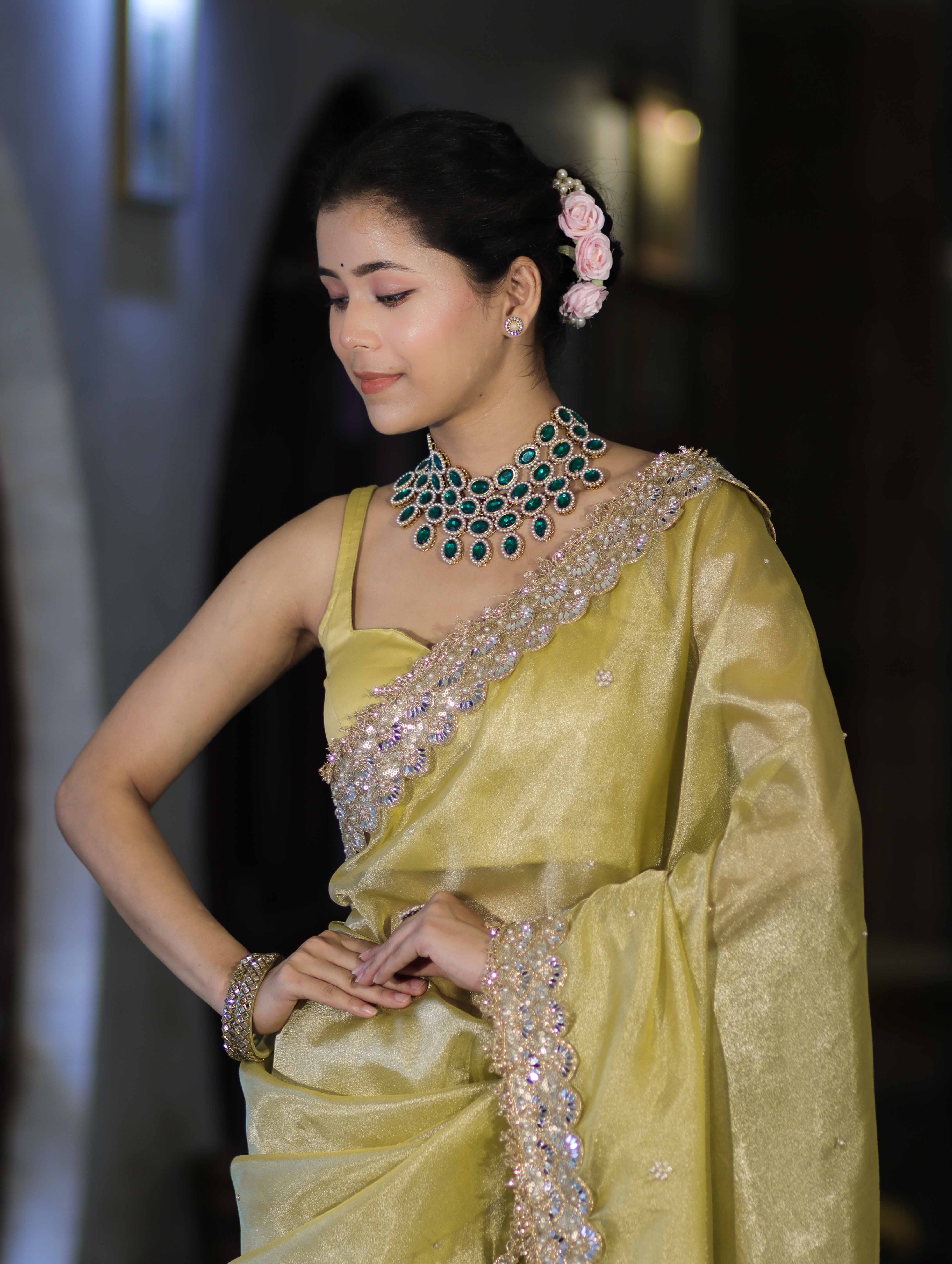 Banarasee Tissue Saree With Handwork Motifs & Mirror Work Lace-Light Yellow