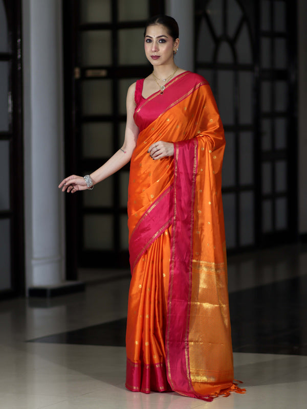 Banarasee Handloom Semi Silk Saree With Floral Buti Design & Contrast Border-Orange & Pink