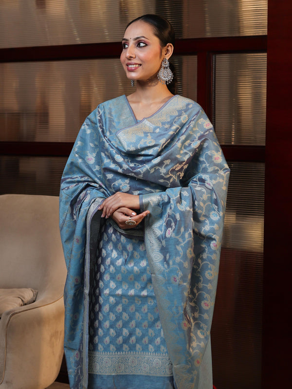 Banarasee Cotton Silk Zari Work Salwar Kameez Fabric With Dupatta Set-Light Sky Blue
