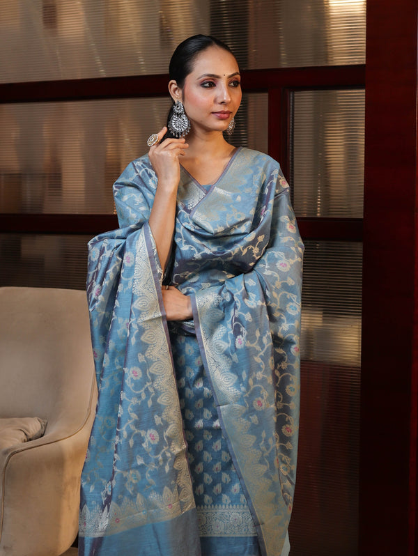 Banarasee Cotton Silk Zari Work Salwar Kameez Fabric With Dupatta Set-Light Sky Blue