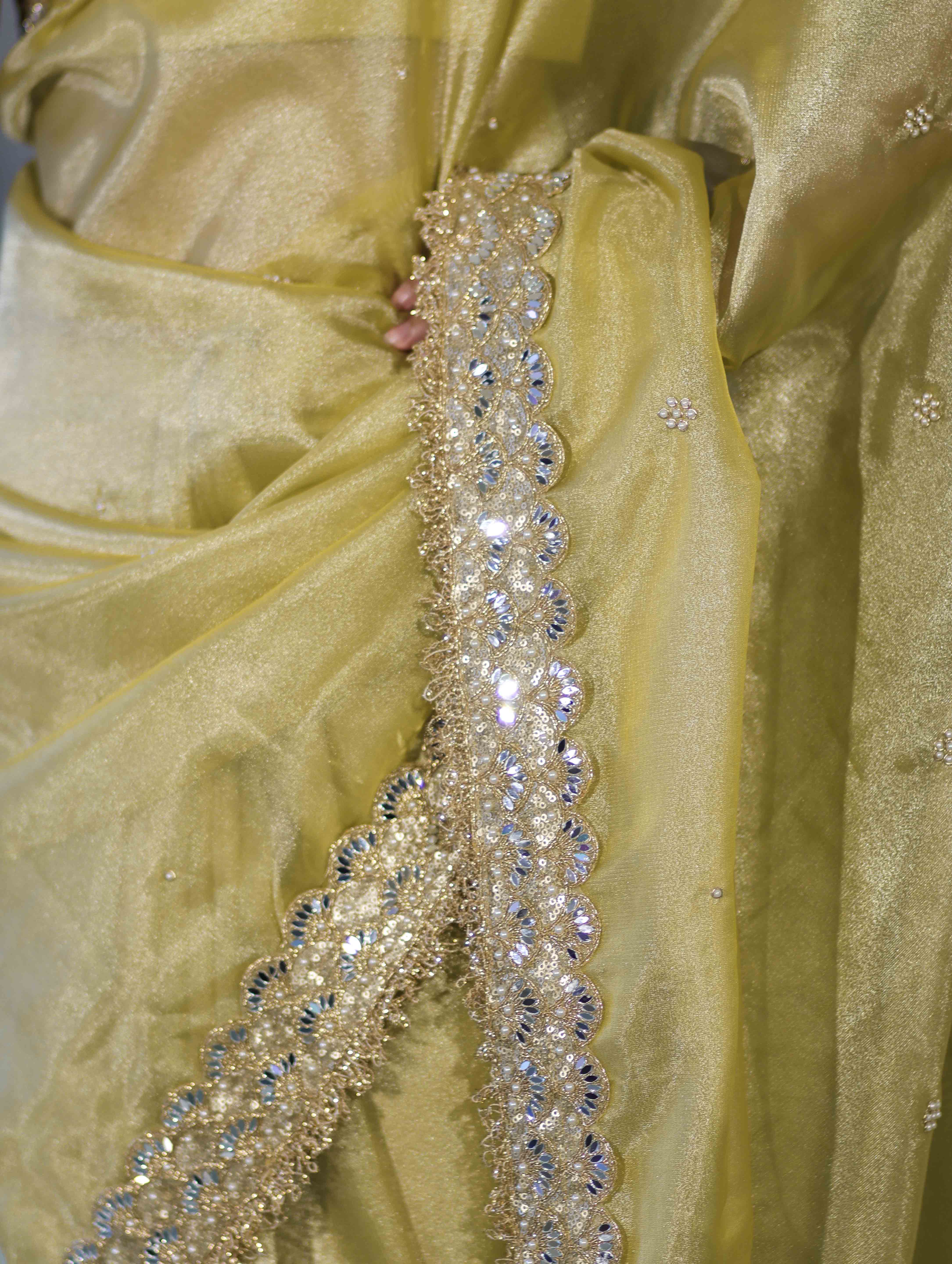 Banarasee Tissue Saree With Handwork Motifs & Mirror Work Lace-Light Yellow