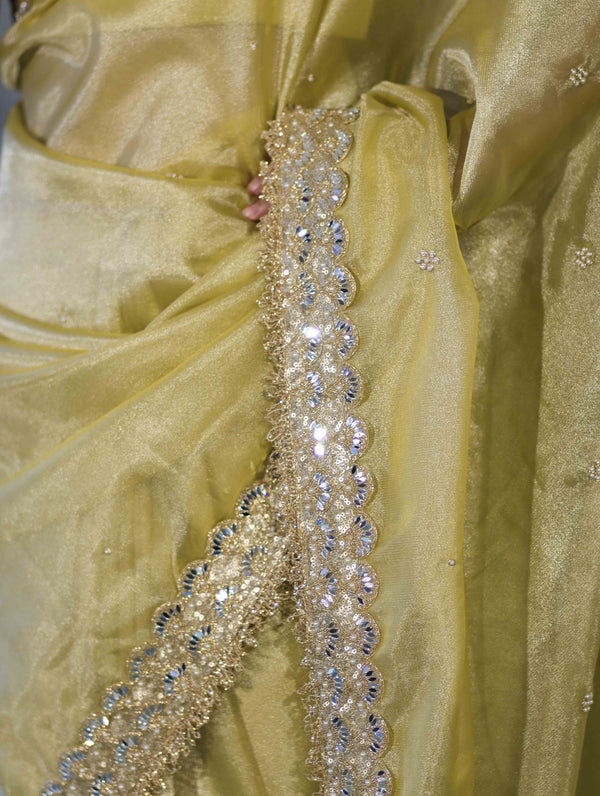 Banarasee Tissue Saree With Handwork Motifs & Mirror Work Lace-Light Yellow