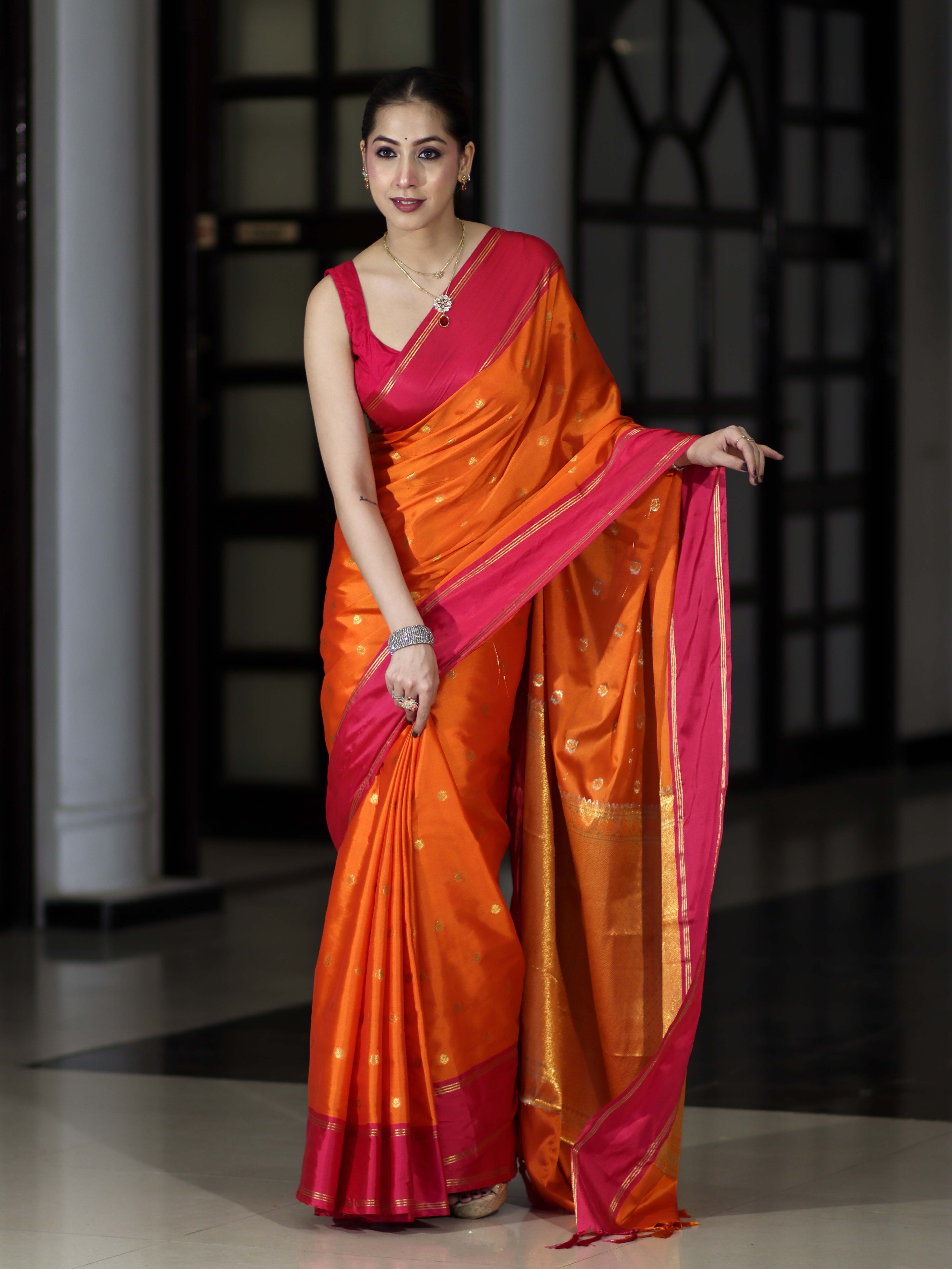 Banarasee Handloom Semi Silk Saree With Floral Buti Design & Contrast Border-Orange & Pink