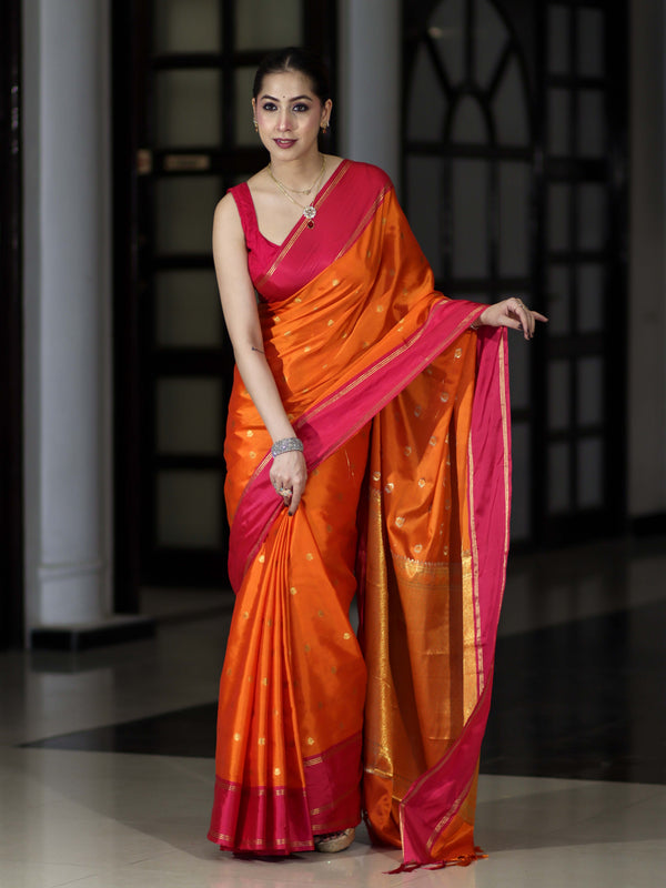 Banarasee Handloom Semi Silk Saree With Floral Buti Design & Contrast Border-Orange & Pink